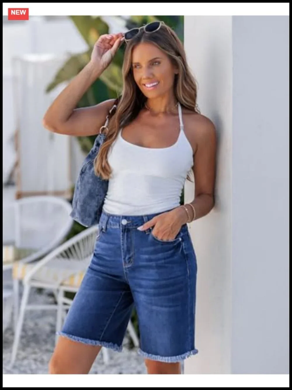 Stretch Denim Bermuda Shorts for Women Mid-Rise Raw Hem Knee Length 10